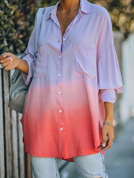 Ombre Shirt Collar Casual Pockets Buttoned Loosen Shirts & Tops, As picture, Blouses & Shirts