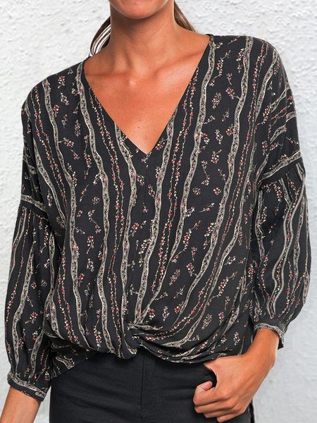 V Neck Loosen Striped Shirts & Tops, Black, Tops