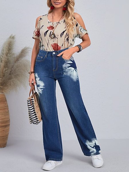 Tie-dyed comfortable straight-leg jeans, Blue, Jeans