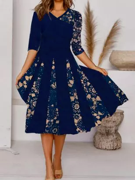 Floral Regular Fit Casual V Neck Long sleeve Dresses, Dark blue, Midi Dresses
