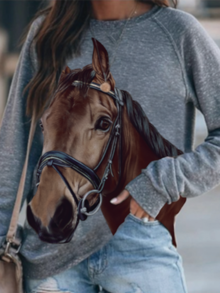 Crew Neck Casual Animal T-shirt, Gray, Long sleeve tops