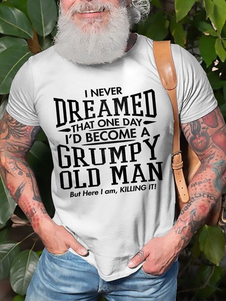 Funny Old Man Graphic Short Sleeve Casual Tee, White, T-shirt