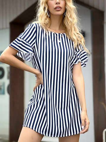 Crew Neck Striped Loosen Dresses, Navy blue, Casual Dresses
