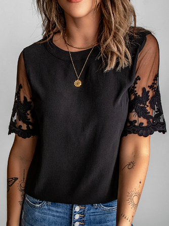 Plain Cotton Blends Casual Short sleeve Shirts & Tops, Black, T-Shirts