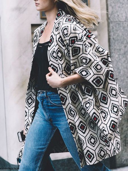 Collarless Long Sleeve Loosen Daily Outerwear, Black-white, Kimonos