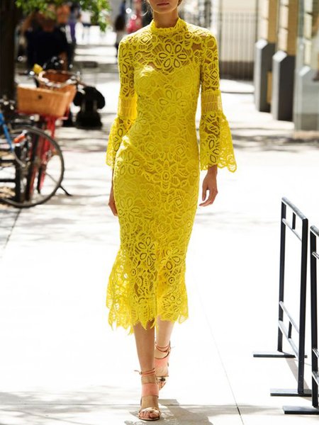 Solid Elegant Three Quarter Regular Fit Midi Dress, Yellow, Midi Dresses