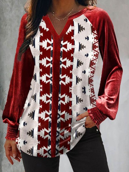 Cotton Blends Casual V Neck Shirts & Tops, Wine red, Blouses & Shirts
