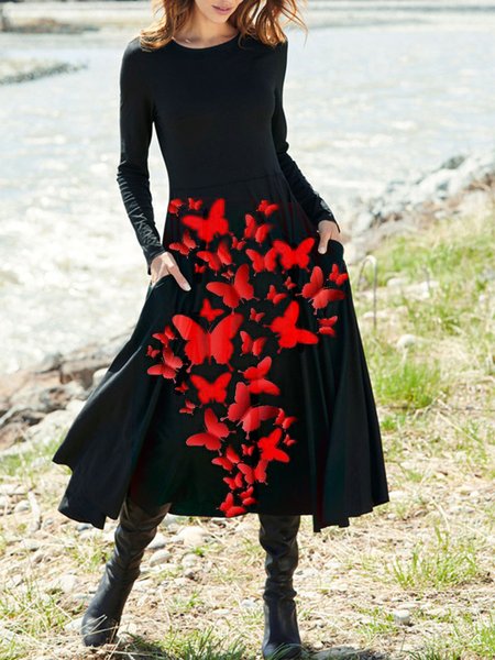 Butterfly Printed Round Neck Casual Pockets Long Sleeve A-line Dresses, Black, Midi Dresses