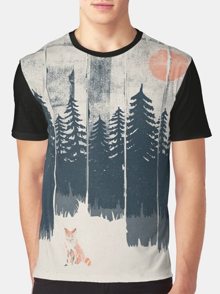 Ukiyo-e Sunset Forest Figure Short-sleeved T-shirt, Gray, Men's t-shirts
