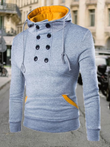 Men's Buttoned Hooded Long Sleeve Sweatshirt, Light gray, Hoodies