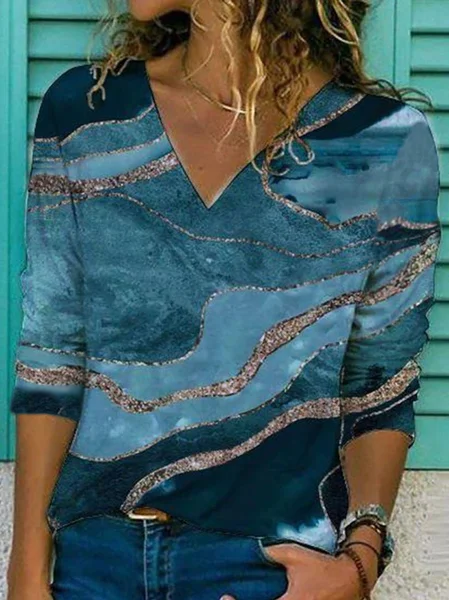 Abstract Regular Fit Casual V Neck T-shirt, Blue, Tops