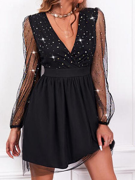 Sexy V Neck Color Block Sweet Loosen Dresses, Black, Mini Dresses