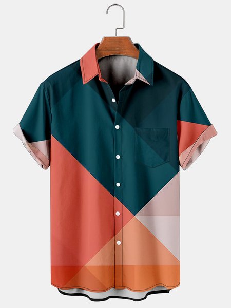 Vacation Leisure Geometric Contrast Pattern Hawaiian Style Printed Shirt Top, Multicolor, Men's Floral shirt