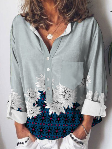 Plus Size Casual Floral Loosen Shirts & Tops, Blue, Shirts & Blouses