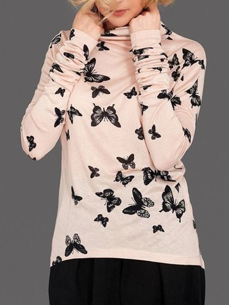 Long sleeve Daily High Neck Butterfly Top, Apricot, Blouses and Shirts