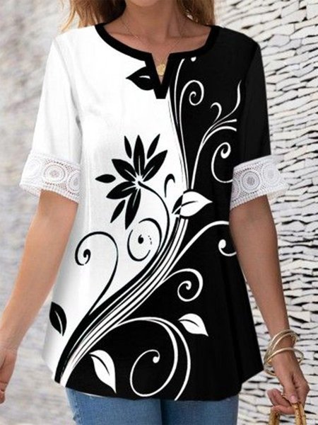 V-neck Color Block Floral Print Casual Short-sleeved Blouse, Black-white, Tops
V-neck Color Block Floral Print Casual Short-sleeved Blouse, Black-white, Tops