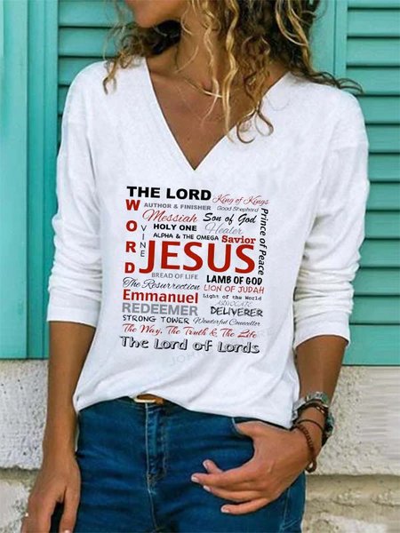 V Neck Letter Long Sleeve Casual T-shirt, White, T-Shirts