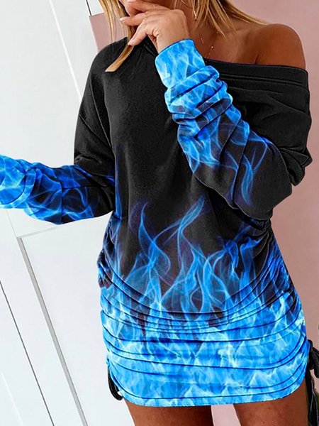 Off Shoulder Abstract Long Sleeve Casual Mini Dresses, Black-blue, Mini Dresses