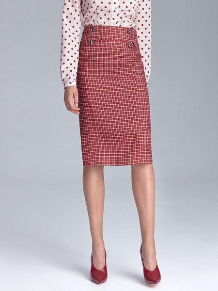 Grid Regular Fit Elegant Work Skirt, Red, Midi Skirts