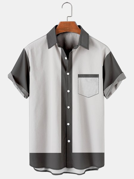 Vacation Leisure Geometric Color Matching Pattern Hawaiian Style Printed Shirt Top, As picture, Men's Floral shirt