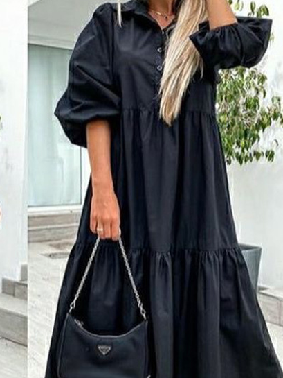 Casual Plain Loosen Shirt Collar Cotton Dresses, Black, Maxi Dresses