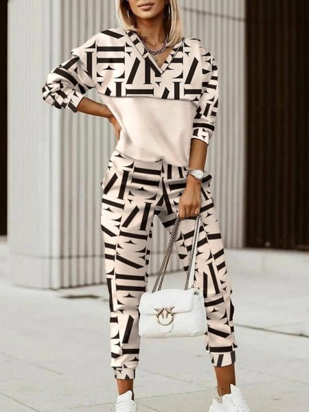 Geometric V Neck Long Sleeve Casual Suits, Khaki, Two-piece Outfits