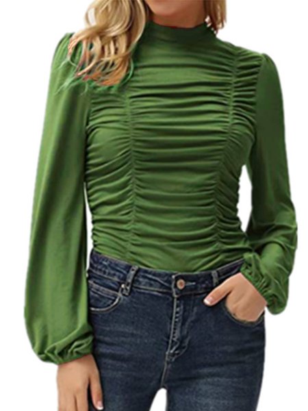 Daily Turtleneck Long Sleeve Sheath Solid Top, Army green, Blouses and Shirts