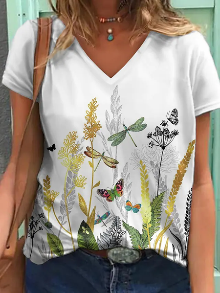 Butterfly Floral Cotton Blends V neck Shirts & Tops, White, Tops