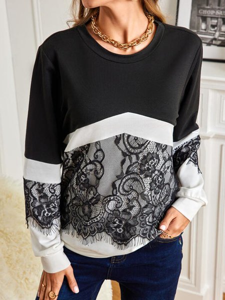 Lace Patchwork Long Sleeve Crew Neck Plus Size Casual Women Tops, Black-white, T-Shirts
Lace Patchwork Long Sleeve Crew Neck Plus Size Casual Women Tops, Black-white, T-Shirts
