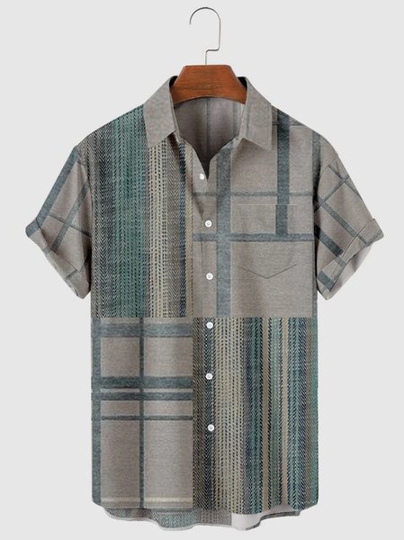 National Sensing Block Plaid Cotton Striped Shirts With Short Sleeves, As picture, Men's Floral shirt