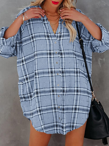 Loosen Shirt Collar Raglan Sleeve Blouse, Sky blue, Blouses & Shirts