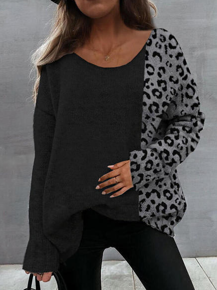 Loosen Round Neck Leopard Casual Shirts & Tops, Black, Tops