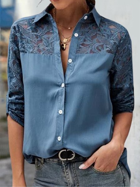Lace Patchwork Plain Long Sleeve Plus Size Casual Shirt Tops, Blue, Blouses & Shirts