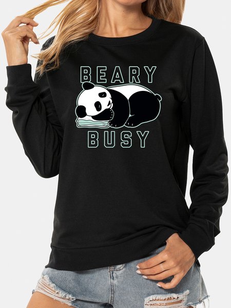 Unocis Beary Busy Funny Print Round Neck Sweatshirt, Black, Sweatshirts