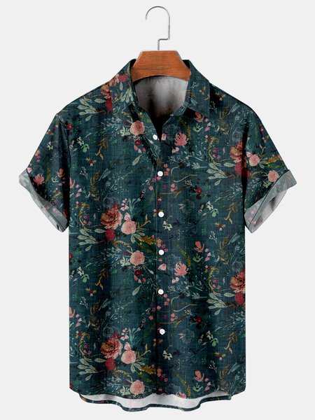 Mens Retro Floral Print Casual Breathable Short-Sleeved Shirt, Darkgreen, Men's Floral shirt
