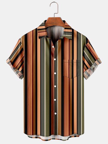 Retro Stripes Graphic Short Sleeve Casual Men's Shirt, Black, Men's Floral shirt