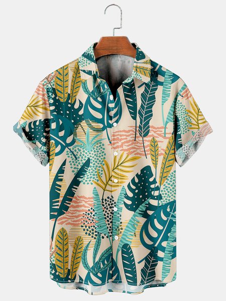 Tropical Plant Graphic Short Sleeve Casual Mens Shirt, As picture, Men's Floral shirt