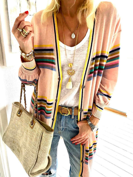 Plus size Striped Casual Outerwear, Pink, Outerwear
