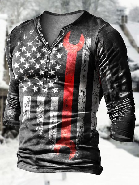 Men's Retro Pattern Casual V-neck Long-sleeved Tee, Deep gray, T-shirt