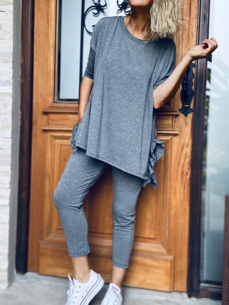 Cotton Blends Casual Solid Loosen Simple Crew Neck Suits, Gray, Two-piece Outfits