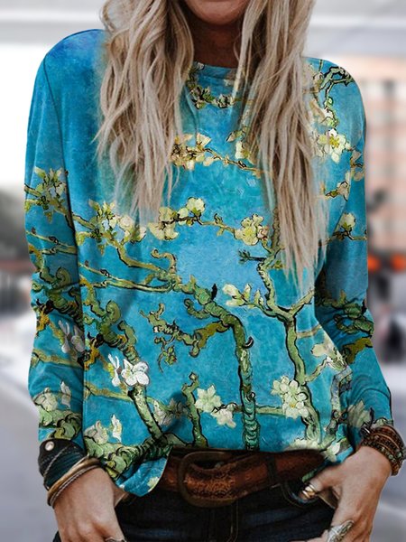 Round Neck Floral Casual Shirts & Tops, Blue, Tops