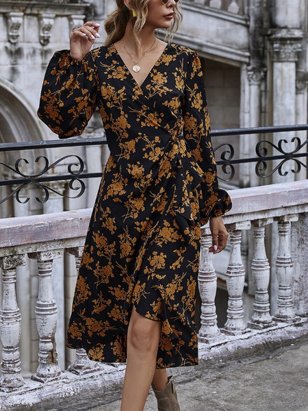 Casual Loosen Floral Chiffon Dresses, Black, Casual Dresses