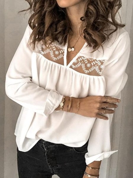 Lace Casual Long Sleeve V Neck Plus Size Tops, White, Tops