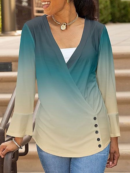 Casual V neck Ombre Loosen Long Sleeve Shirts & Tops, As picture, Tops