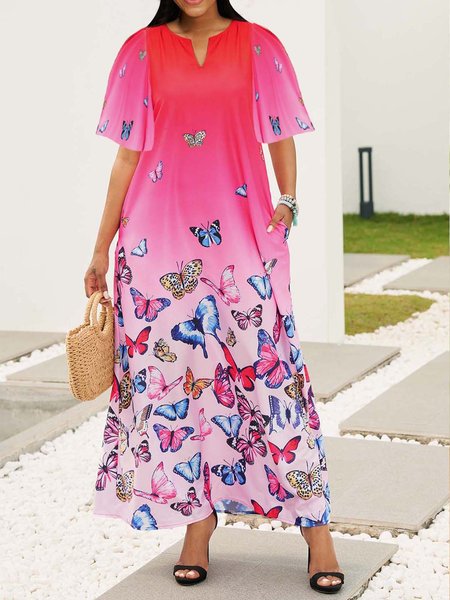 Pink Butterfly Notch Collar Loose A-line Holiday Dress, Maxi Dresses