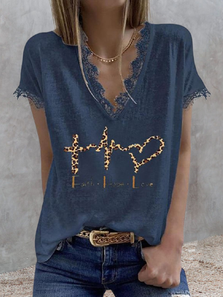 Casual Cotton Blends Letter Shirts & Tops, Navy blue, Tops