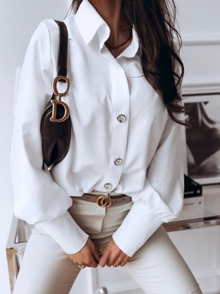 Long sleeve Basics Plain Cotton Blends Shirt, White, Blouses and Shirts