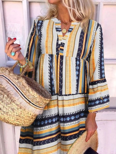 Striped Casual V Neck Dresses, Yellow, Mini Dresses