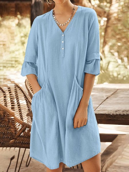 Holiday Casual Pocket V Neck Ruffle Sleeve Mini Dresses, Blue, Midi Dresses