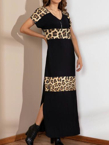 Leopard stripe contrast stitching long dress Leopard Casual Dresses, Black, Casual Dresses